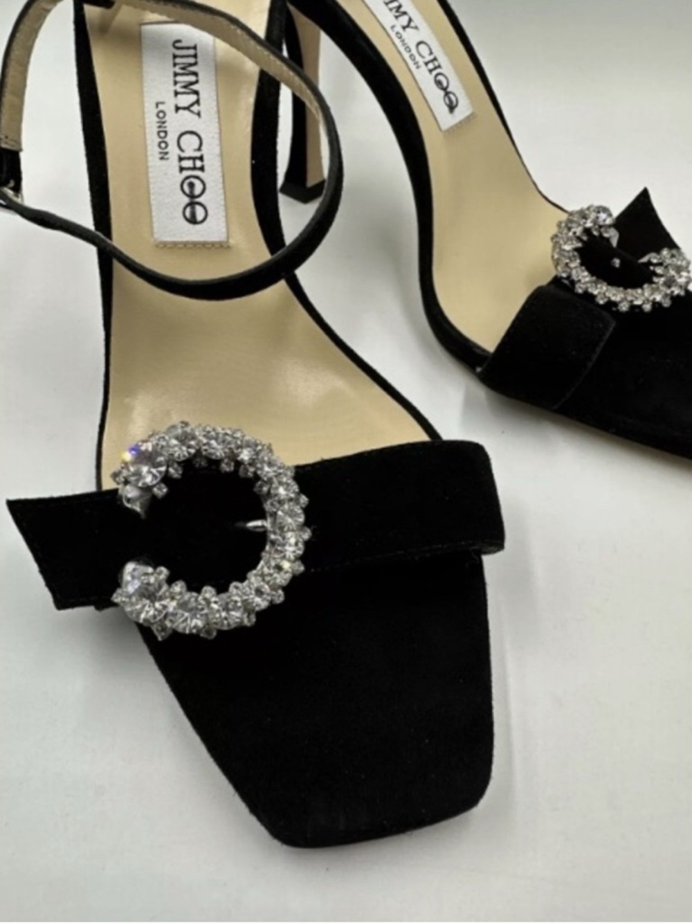 Jimmy Choo Black Suede Crystal-Crescent Ankle-Strap Sandals - Picture 3 of 3